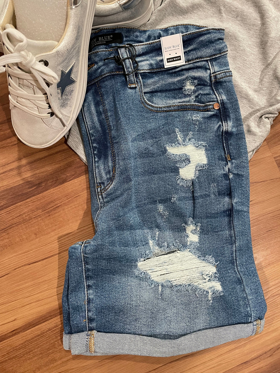 Curvy Hi-Waisted Mid length Destroyed Shorts-Shorts-Judy Blue-Whiskey Ray's Boutique, Women's Western Wear Boutique in Waxahachie, TX