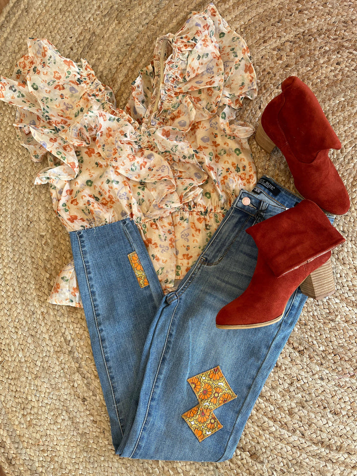 Curvy Judy Blue Midrise 70"s Patch skinny jeans-Jeans-Judy Blue-Whiskey Ray's Boutique, Women's Western Wear Boutique in Waxahachie, TX