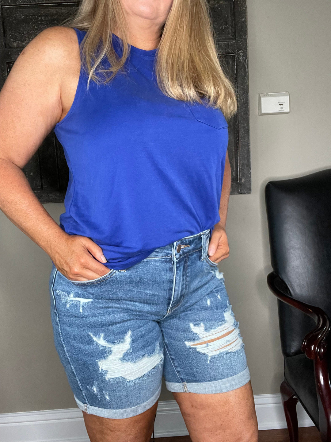 Hi-Waisted Mid length Destroyed Shorts-Shorts-Judy Blue-Whiskey Ray's Boutique, Women's Western Wear Boutique in Waxahachie, TX