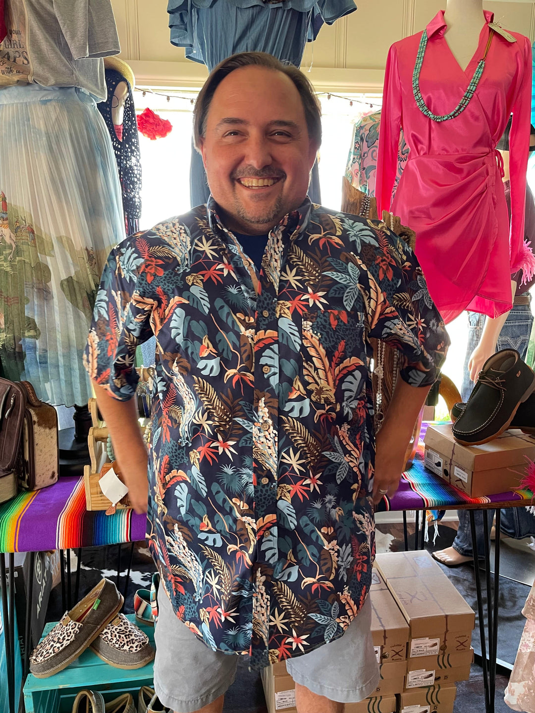 Rough Stock By Panhandle Men's Tropical Print Short Sleeve Button-Down Western Shirt-Men's Shirts-Panhandle-Whiskey Ray's Boutique, Women's Western Wear Boutique in Waxahachie, TX