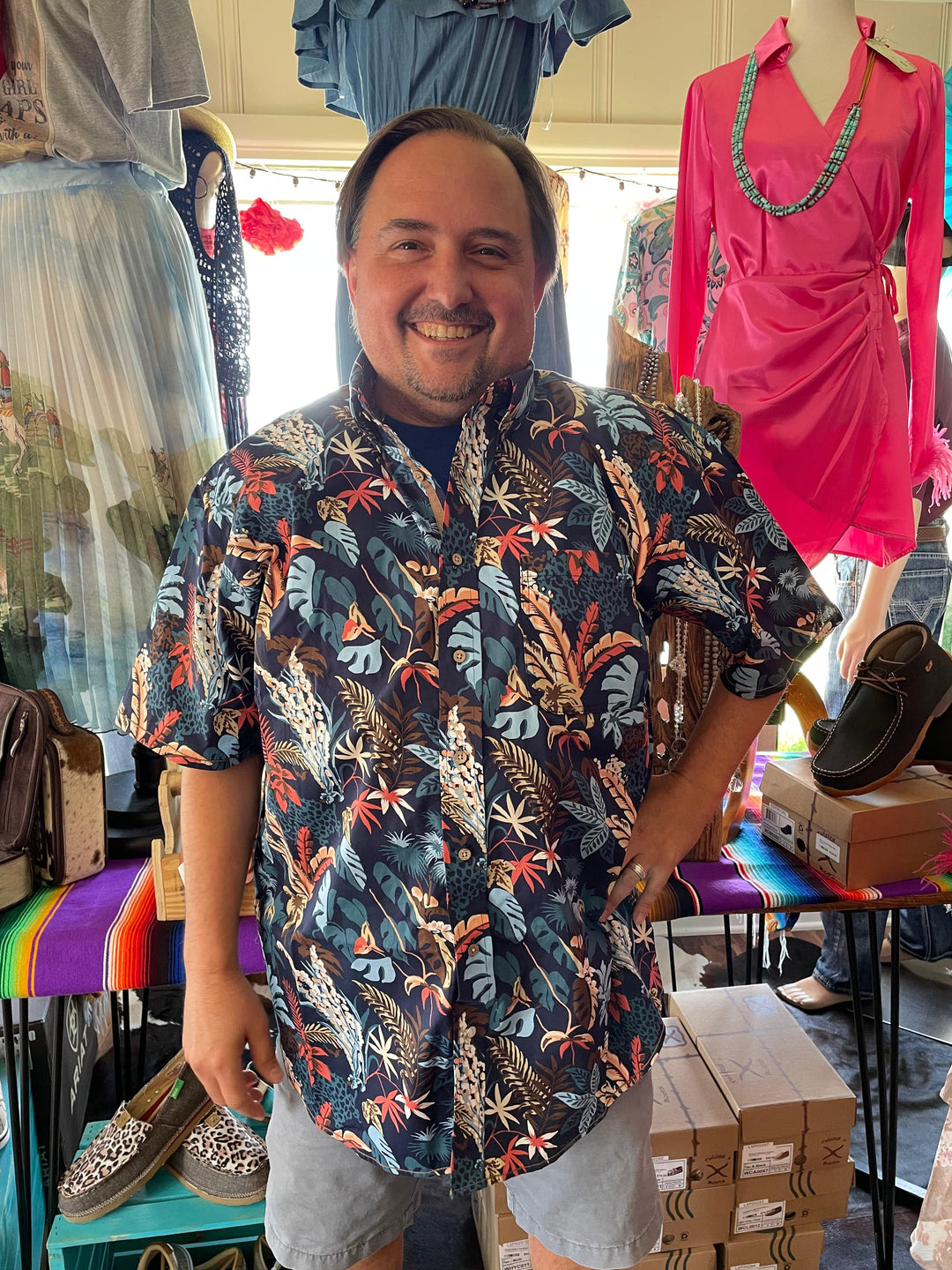 Rough Stock By Panhandle Men's Tropical Print Short Sleeve Button-Down Western Shirt-Men's Shirts-Panhandle-Whiskey Ray's Boutique, Women's Western Wear Boutique in Waxahachie, TX