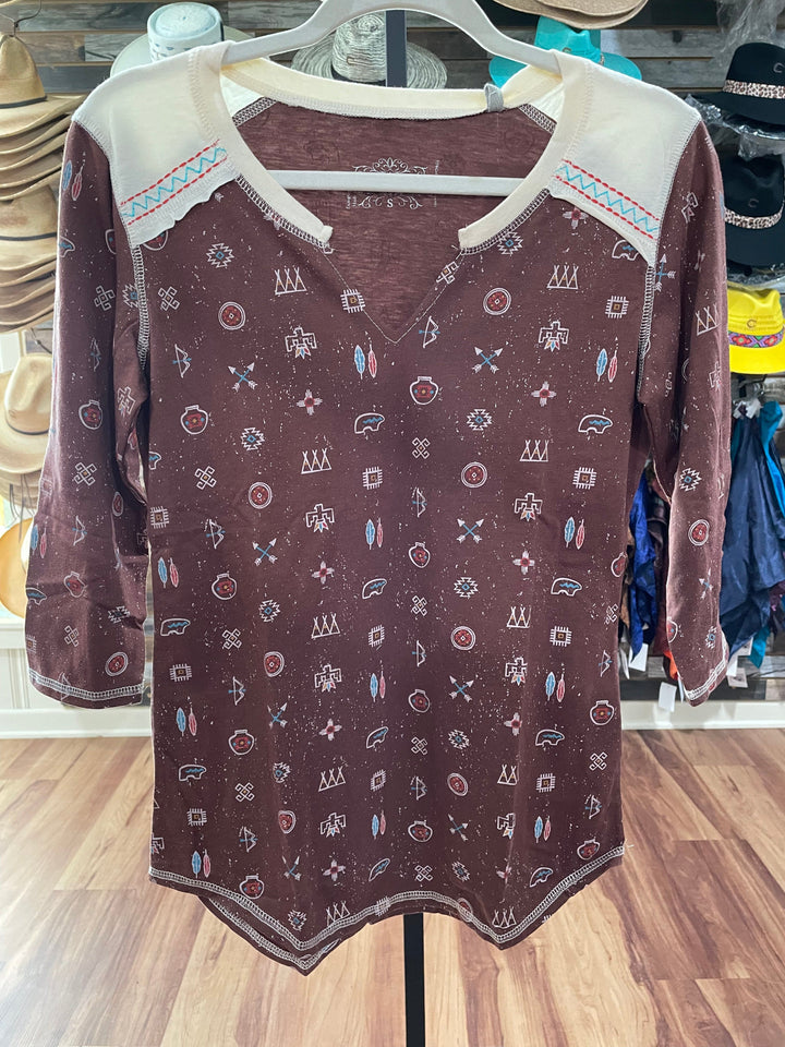 Southwest V-Neck Top-Long Sleeves-Panhandle-Whiskey Ray's Boutique, Women's Western Wear Boutique in Waxahachie, TX