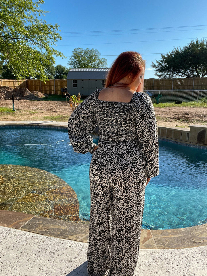 ALL OVER CHEETAH PRINT JUMPSUIT-Jumpsuits & Rompers-Rock & Roll Denim-Whiskey Ray's Boutique, Women's Western Wear Boutique in Waxahachie, TX