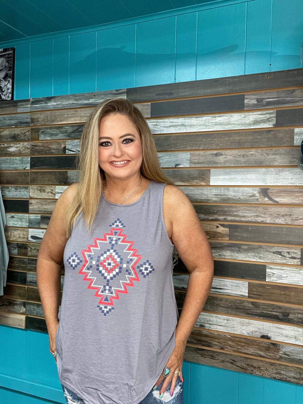 Aztec Print Tank-Sleeveless-Rock & Roll Denim-Whiskey Ray's Boutique, Women's Western Wear Boutique in Waxahachie, TX