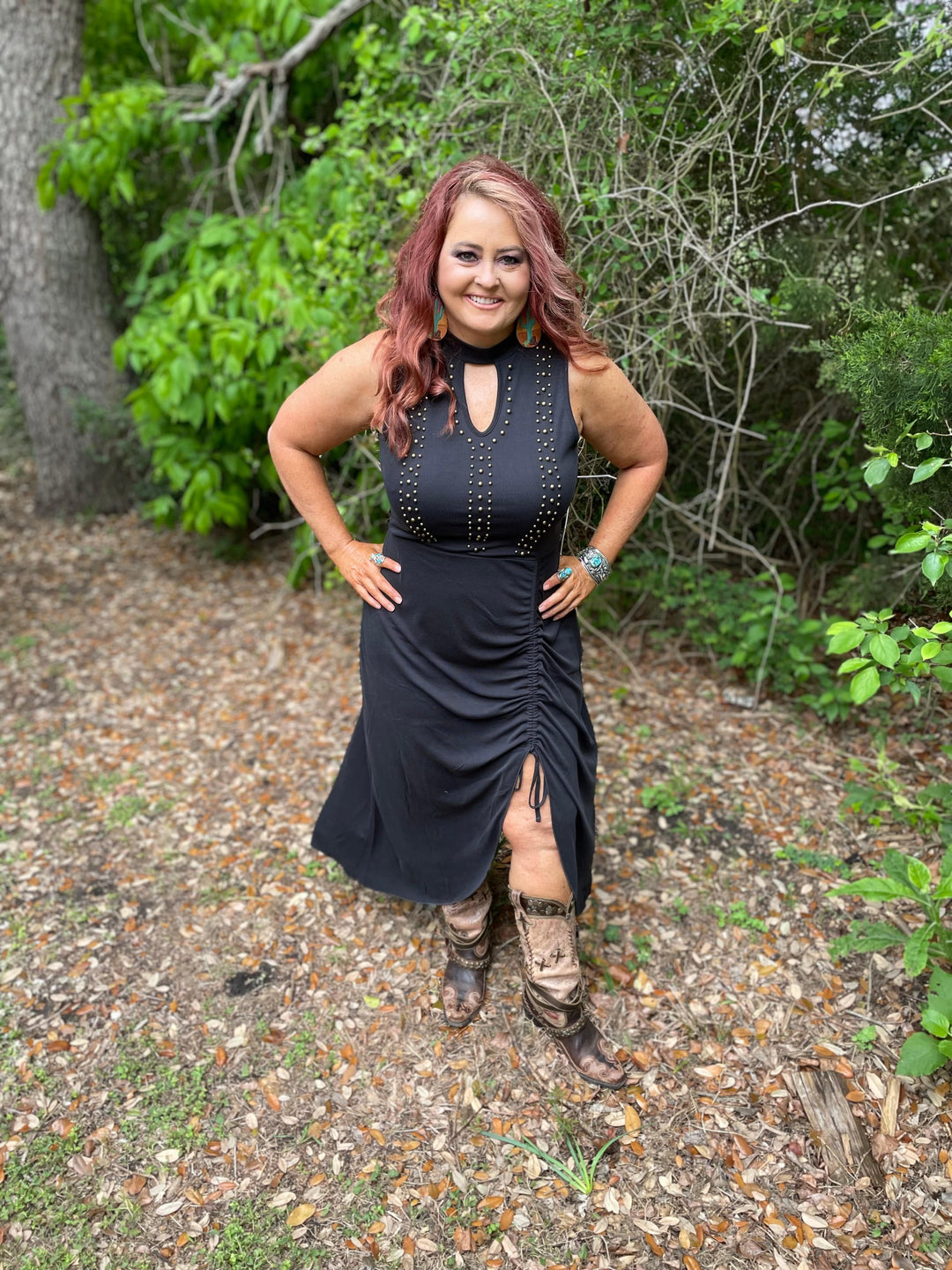 STUDDED DETAIL DRESS-Black-Dresses-Rock & Roll Denim-Whiskey Ray's Boutique, Women's Western Wear Boutique in Waxahachie, TX