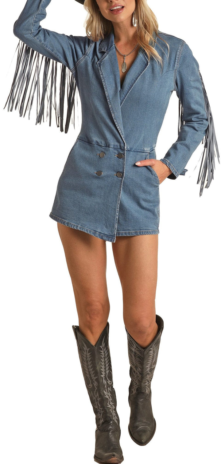 Denim Fringe Romper-Jumpsuits & Rompers-Rock & Roll Denim-Whiskey Ray's Boutique, Women's Western Wear Boutique in Waxahachie, TX