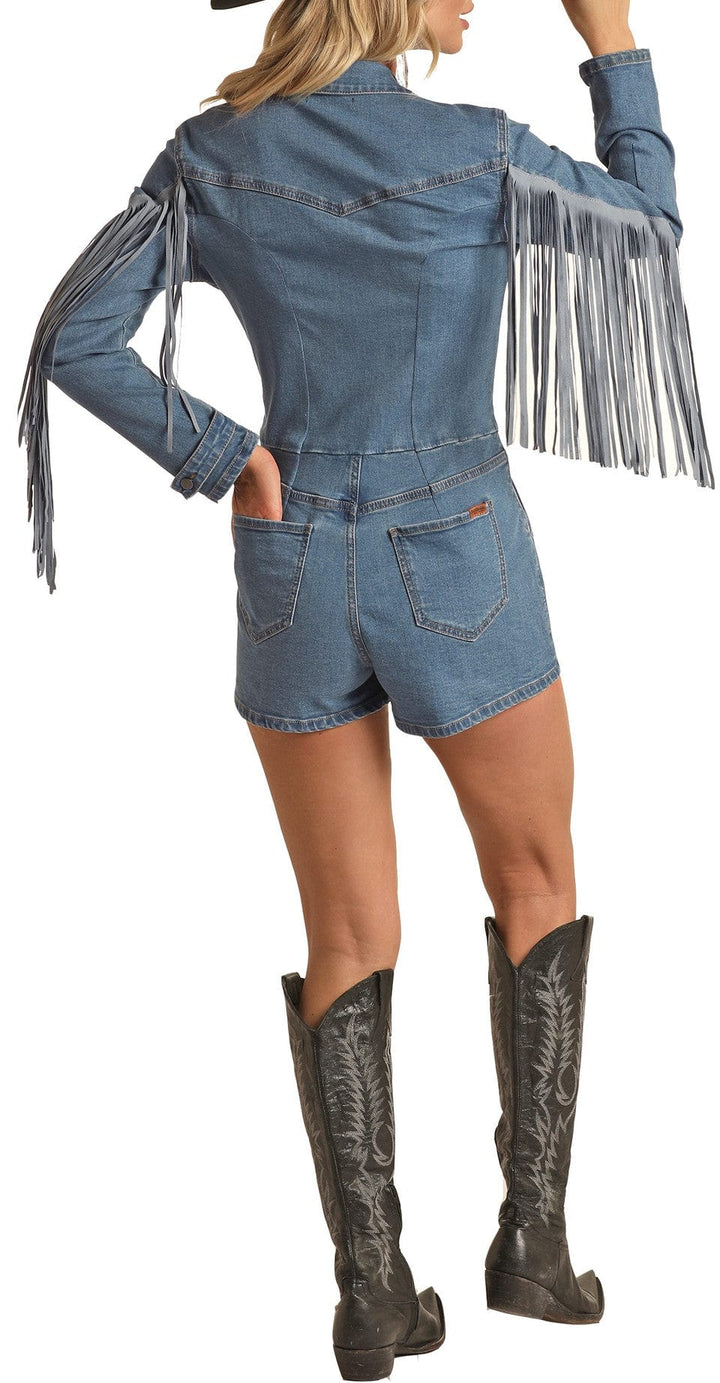 Denim Fringe Romper-Jumpsuits & Rompers-Rock & Roll Denim-Whiskey Ray's Boutique, Women's Western Wear Boutique in Waxahachie, TX