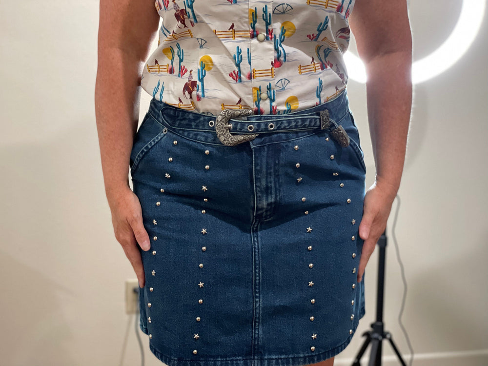 Kicking Stars Denim Skirt-Skirts-Rock & Roll Denim-Whiskey Ray's Boutique, Women's Western Wear Boutique in Waxahachie, TX