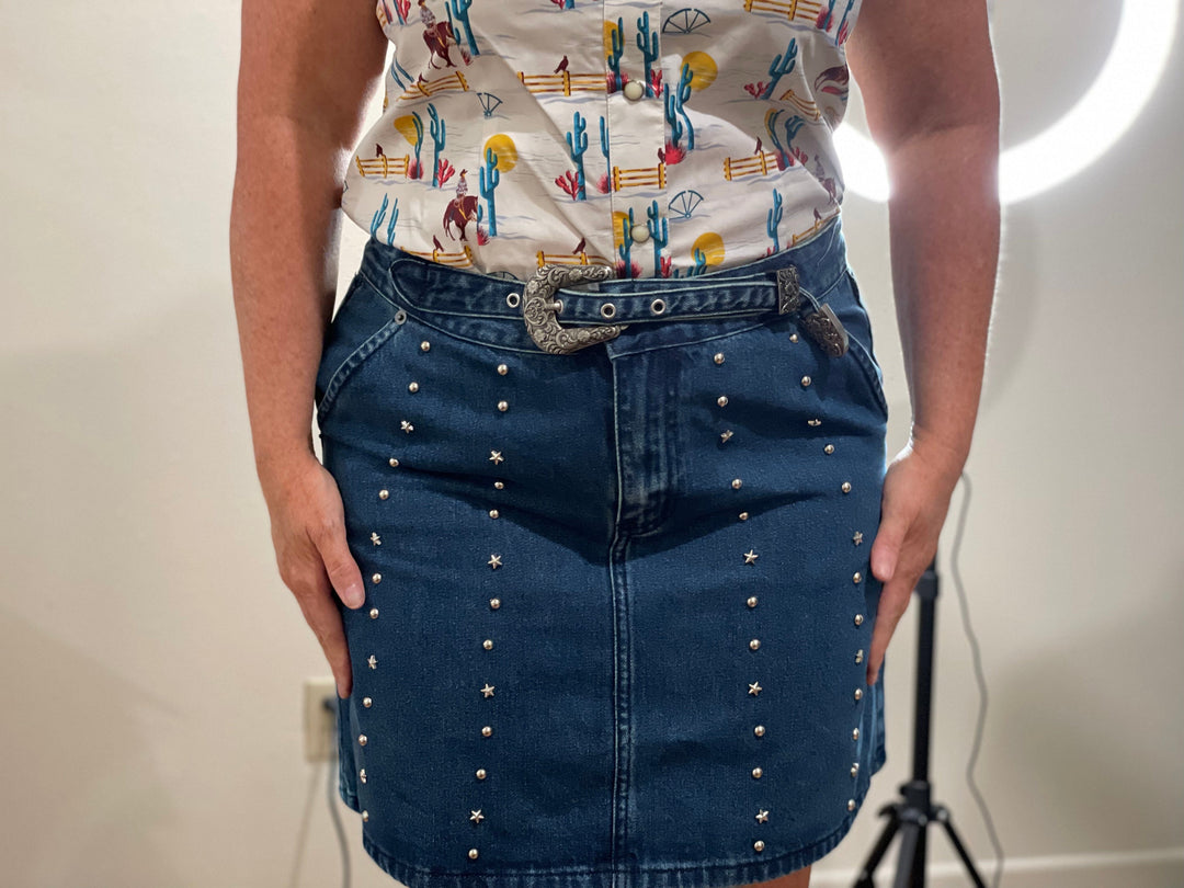 Kicking Stars Denim Skirt-Skirts-Rock & Roll Denim-Whiskey Ray's Boutique, Women's Western Wear Boutique in Waxahachie, TX