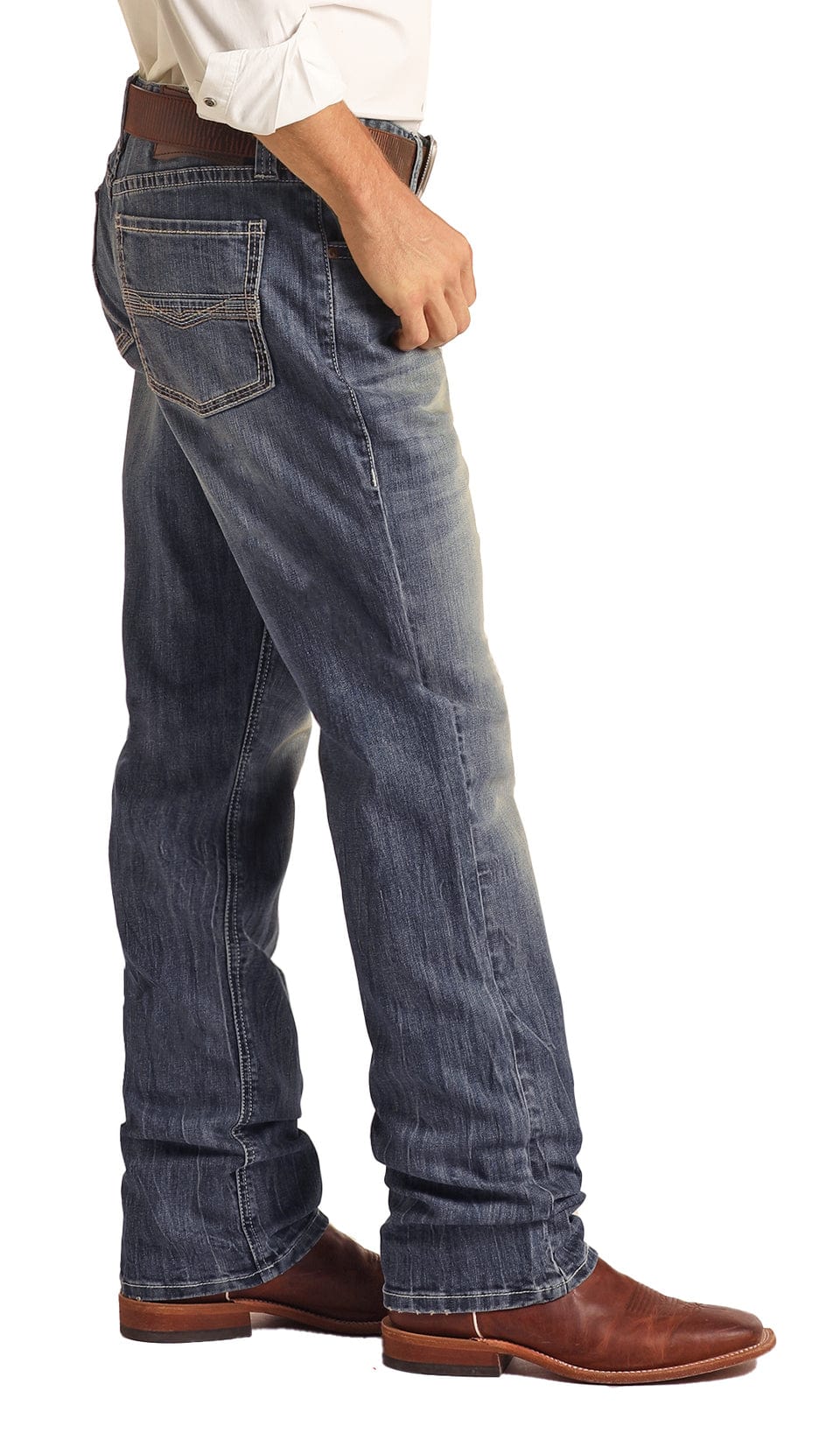 Rock n ROLL Denim RELAXED FIT STRETCH SMALL V TWO TONE STACKABLE BOOTCUT JEANS-Men’s Jeans-Rock & Roll Denim-Whiskey Ray's Boutique, Women's Western Wear Boutique in Waxahachie, TX