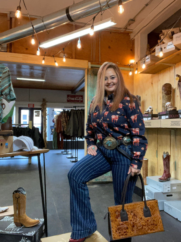 Rock & Roll Cowgirl Dark Wash Stripe Trouser-Jeans-Rock & Roll Denim-Whiskey Ray's Boutique, Women's Western Wear Boutique in Waxahachie, TX