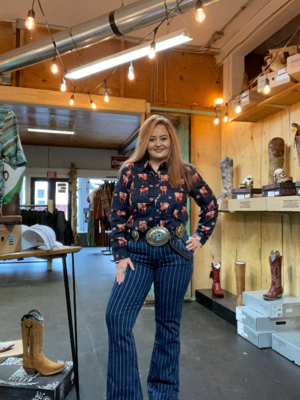 Rock & Roll Cowgirl Dark Wash Stripe Trouser-Jeans-Rock & Roll Denim-Whiskey Ray's Boutique, Women's Western Wear Boutique in Waxahachie, TX