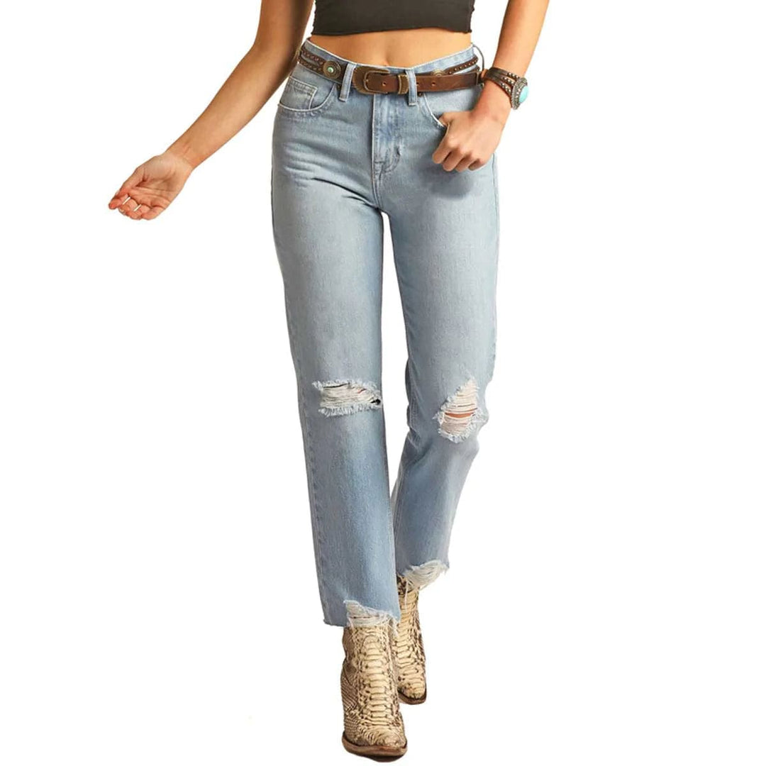 Rock & Roll Destressed Straight Crop Jeans-Jeans-Rock & Roll Denim-Whiskey Ray's Boutique, Women's Western Wear Boutique in Waxahachie, TX