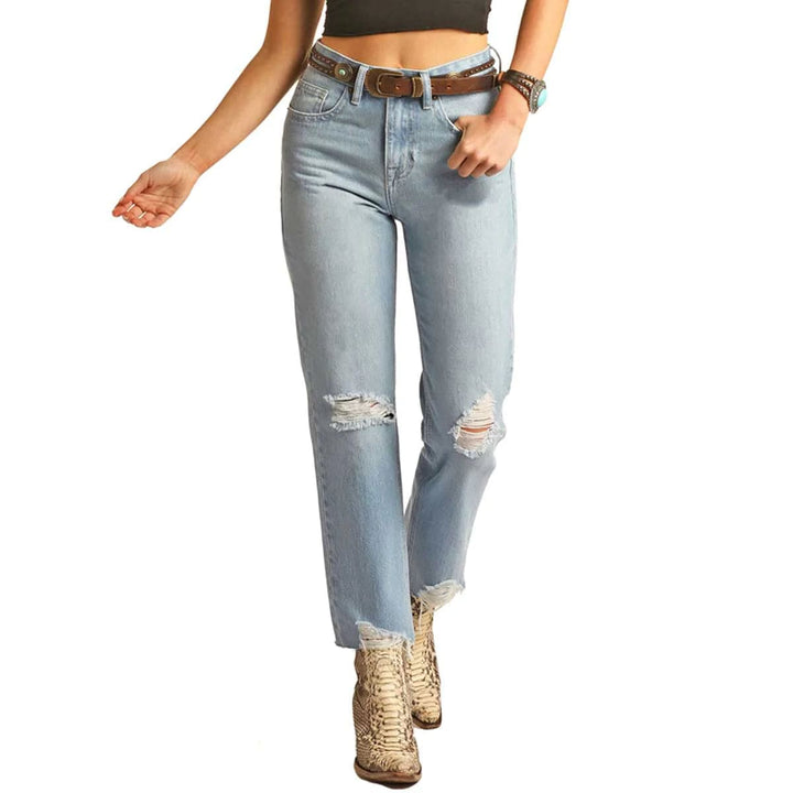 Rock & Roll Destressed Straight Crop Jeans-Jeans-Rock & Roll Denim-Whiskey Ray's Boutique, Women's Western Wear Boutique in Waxahachie, TX