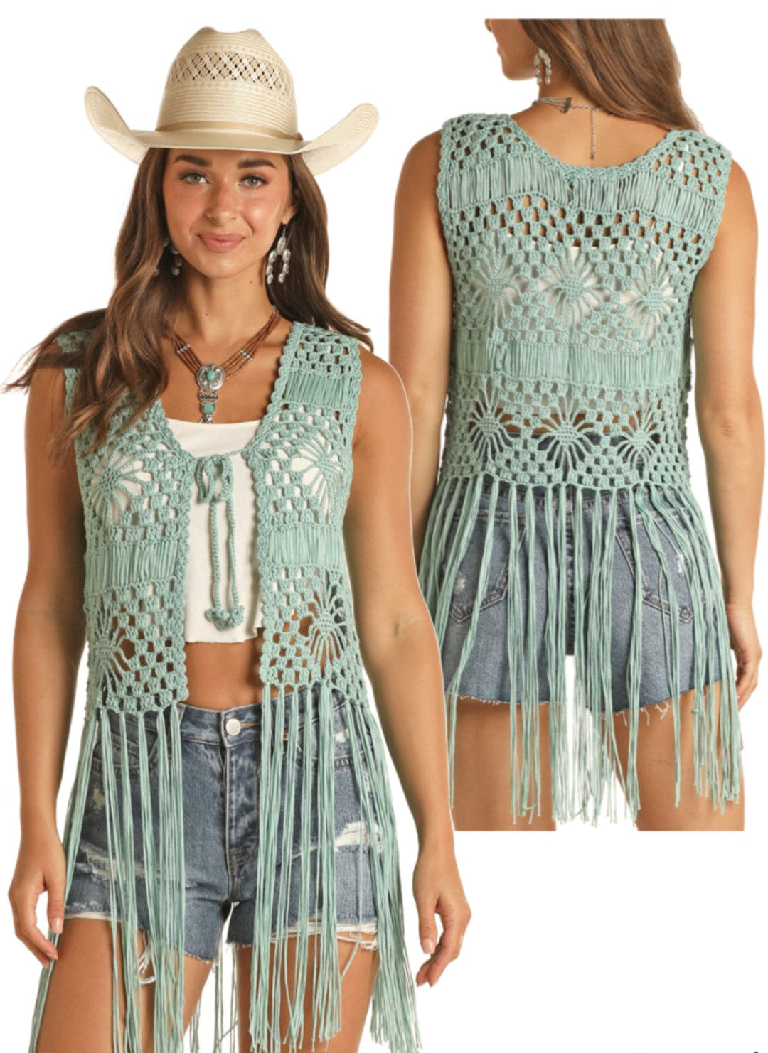 Rock & Roll Crochet Fringe Vest-Vests-Rock & Roll Denim-Whiskey Ray's Boutique, Women's Western Wear Boutique in Waxahachie, TX