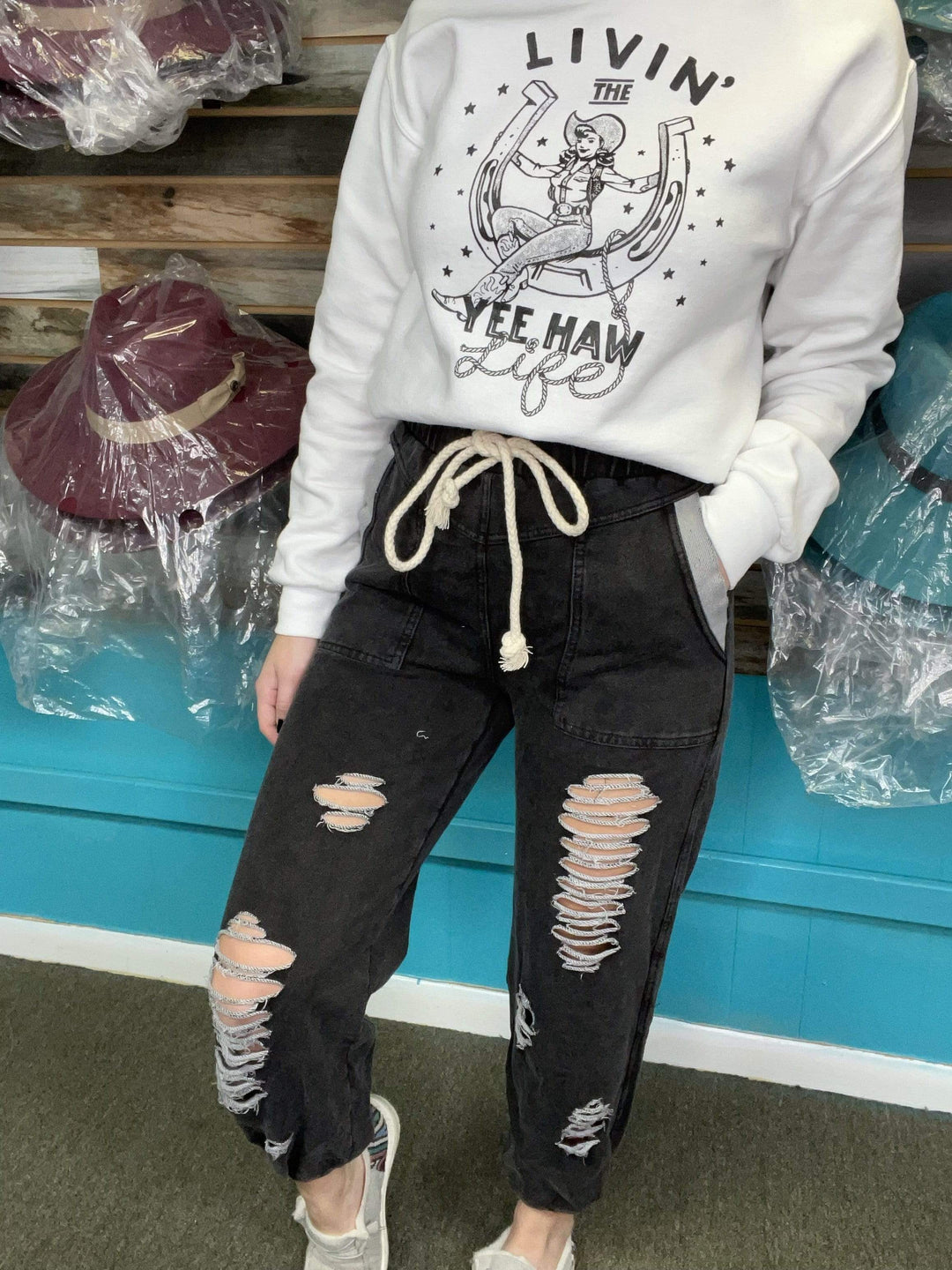 Distressed Joggers-Joggers-Whiskey Ray's Boutique-Whiskey Ray's Boutique, Women's Western Wear Boutique in Waxahachie, TX