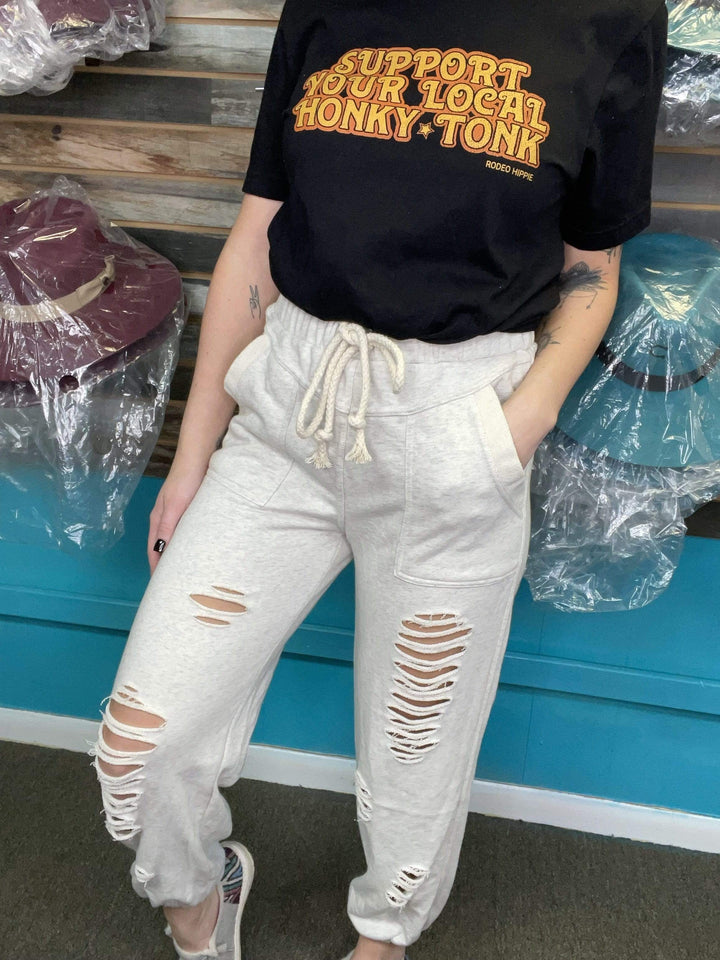Distressed Joggers-Joggers-Whiskey Ray's Boutique-Whiskey Ray's Boutique, Women's Western Wear Boutique in Waxahachie, TX