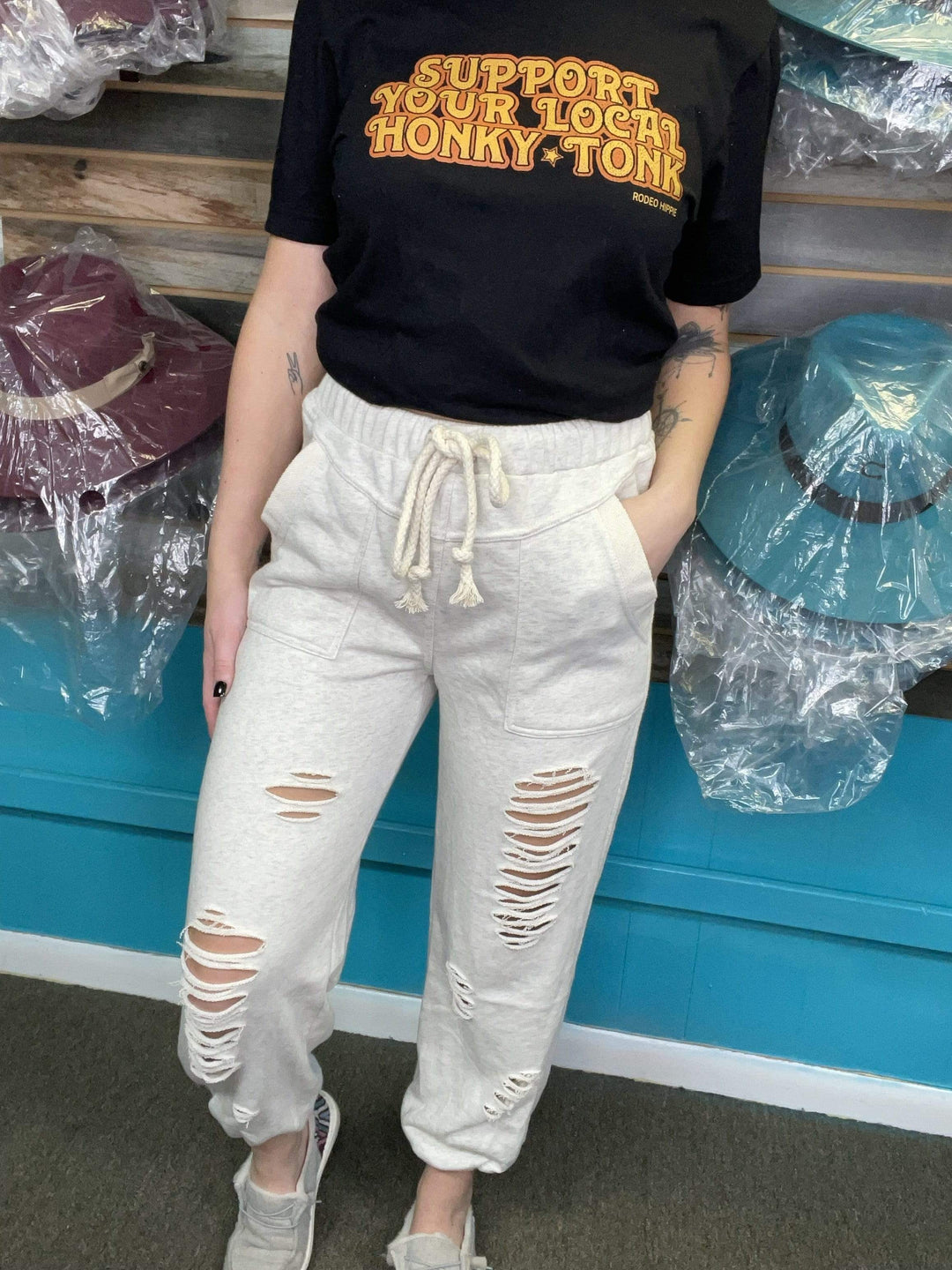 Distressed Joggers-Joggers-Whiskey Ray's Boutique-Whiskey Ray's Boutique, Women's Western Wear Boutique in Waxahachie, TX