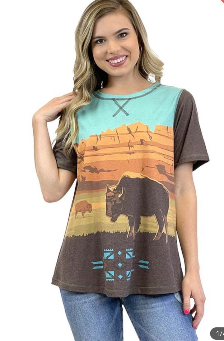 Buffalo Roam Shirt-Short Sleeves-Whiskey Ray's Boutique-Whiskey Ray's Boutique, Women's Western Wear Boutique in Waxahachie, TX
