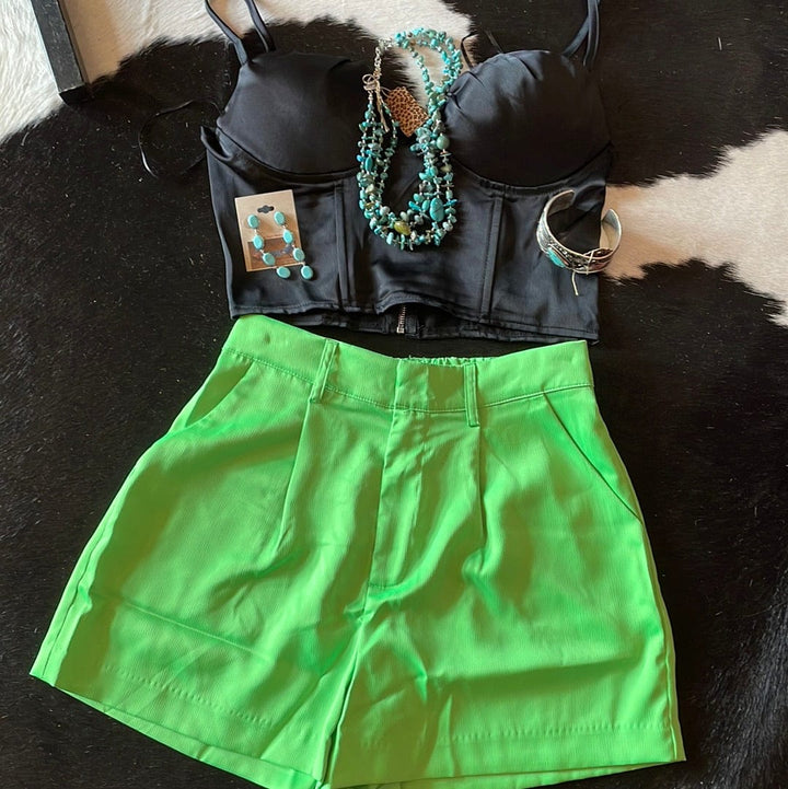 High Waist Pleated Shorts-Lime-Shorts-Whiskey Ray's Boutique-Whiskey Ray's Boutique, Women's Western Wear Boutique in Waxahachie, TX