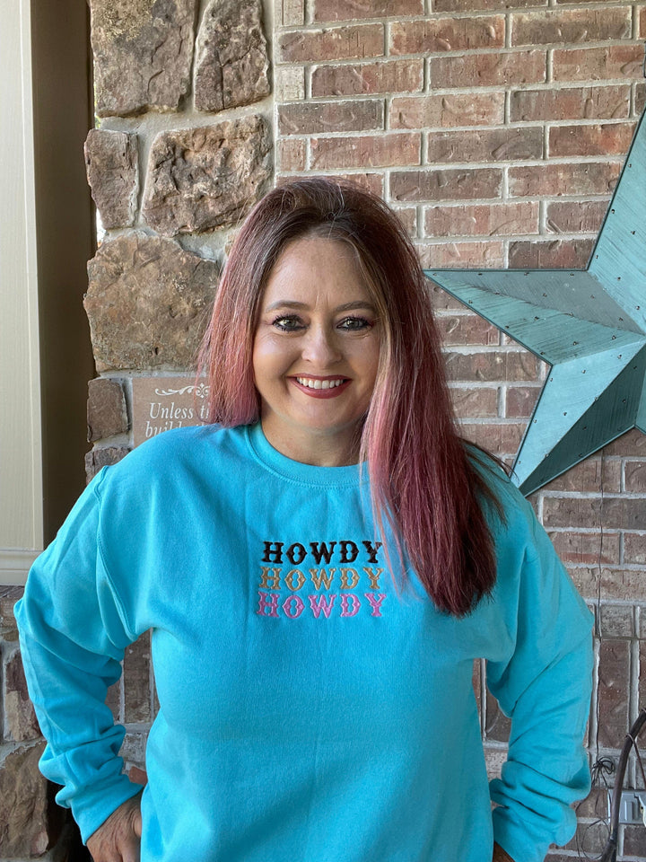 Howdy Sweatshirt-Turquoise-Graphic Tops-Whiskey Ray's Boutique-Whiskey Ray's Boutique, Women's Western Wear Boutique in Waxahachie, TX