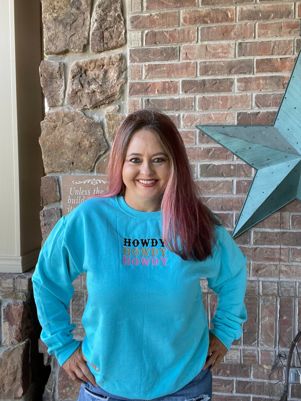 Howdy Sweatshirt-Turquoise-Graphic Tops-Whiskey Ray's Boutique-Whiskey Ray's Boutique, Women's Western Wear Boutique in Waxahachie, TX