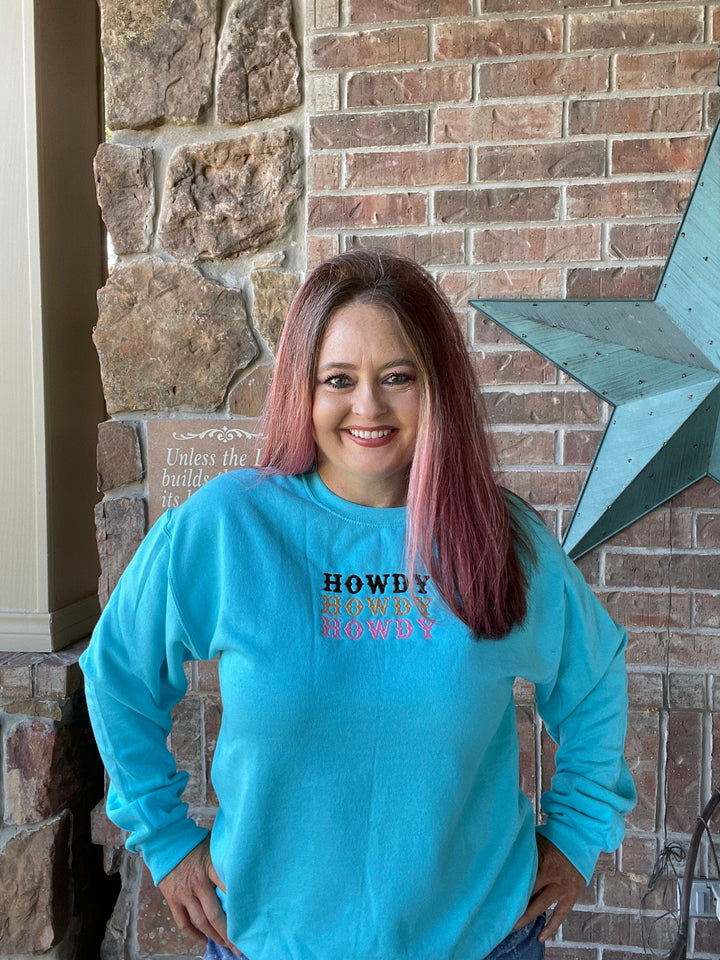 Howdy Sweatshirt-Turquoise-Graphic Tops-Whiskey Ray's Boutique-Whiskey Ray's Boutique, Women's Western Wear Boutique in Waxahachie, TX