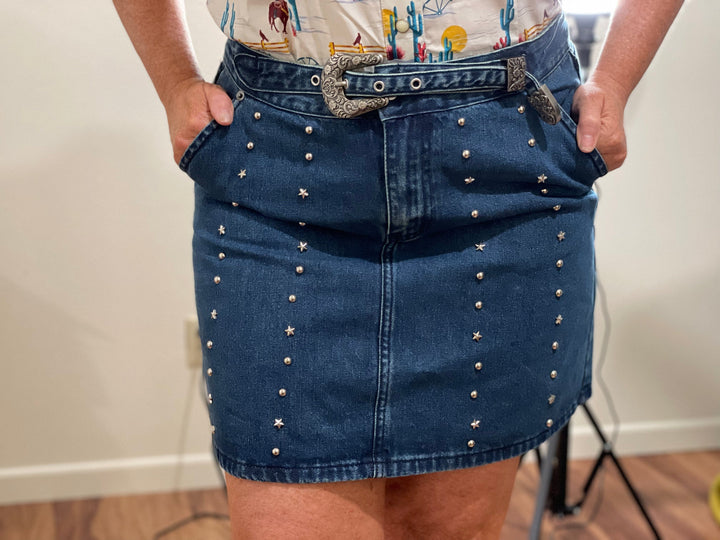 Kicking Stars Denim Skirt-Skirts-Rock & Roll Denim-Whiskey Ray's Boutique, Women's Western Wear Boutique in Waxahachie, TX