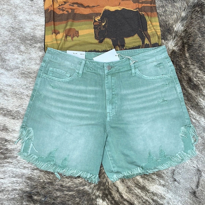 Rebecca High Rise Green Shorts-Shorts-Whiskey Ray's Boutique-Whiskey Ray's Boutique, Women's Western Wear Boutique in Waxahachie, TX