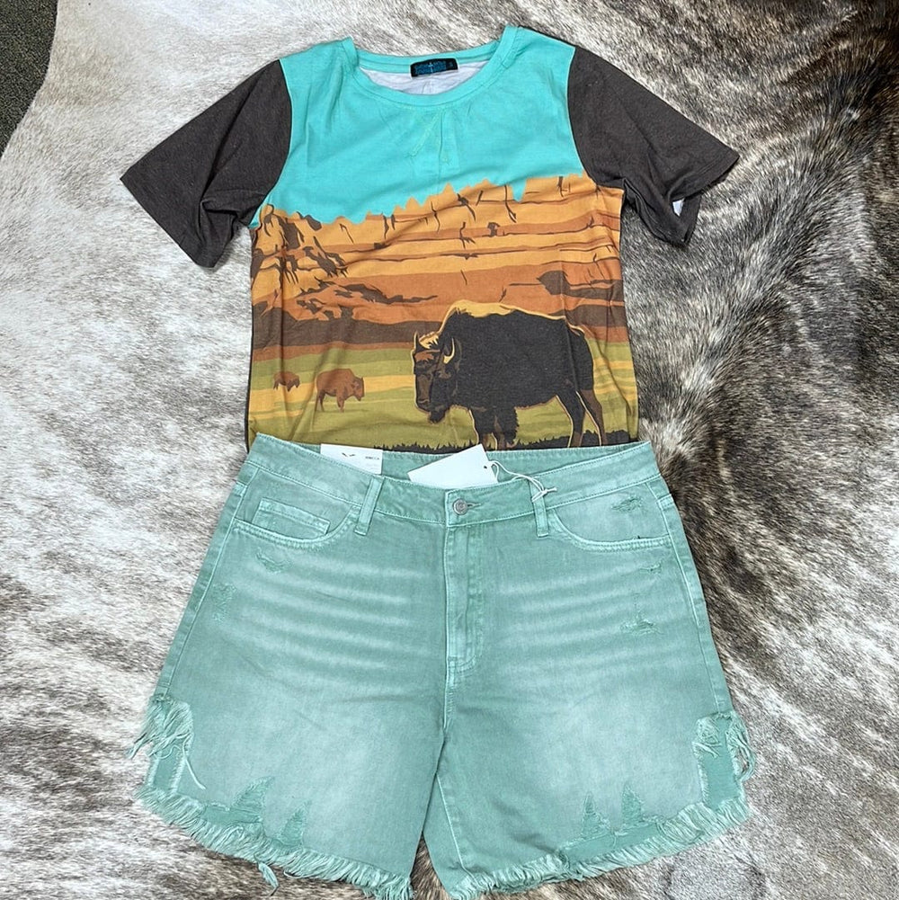 Rebecca High Rise Green Shorts-Shorts-Whiskey Ray's Boutique-Whiskey Ray's Boutique, Women's Western Wear Boutique in Waxahachie, TX