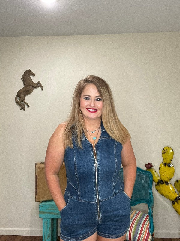 Rock & Roll Denim Romper-Jumpsuits & Rompers-Whiskey Ray's Boutique-Whiskey Ray's Boutique, Women's Western Wear Boutique in Waxahachie, TX