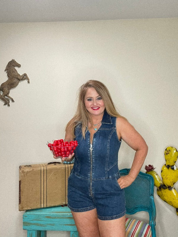 Rock & Roll Denim Romper-Jumpsuits & Rompers-Whiskey Ray's Boutique-Whiskey Ray's Boutique, Women's Western Wear Boutique in Waxahachie, TX