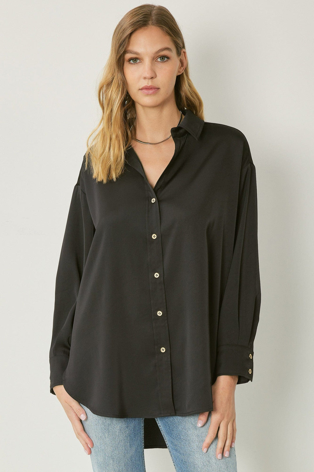 Satin Button up-Black-Long Sleeves-Whiskey Ray's Boutique-Whiskey Ray's Boutique, Women's Western Wear Boutique in Waxahachie, TX