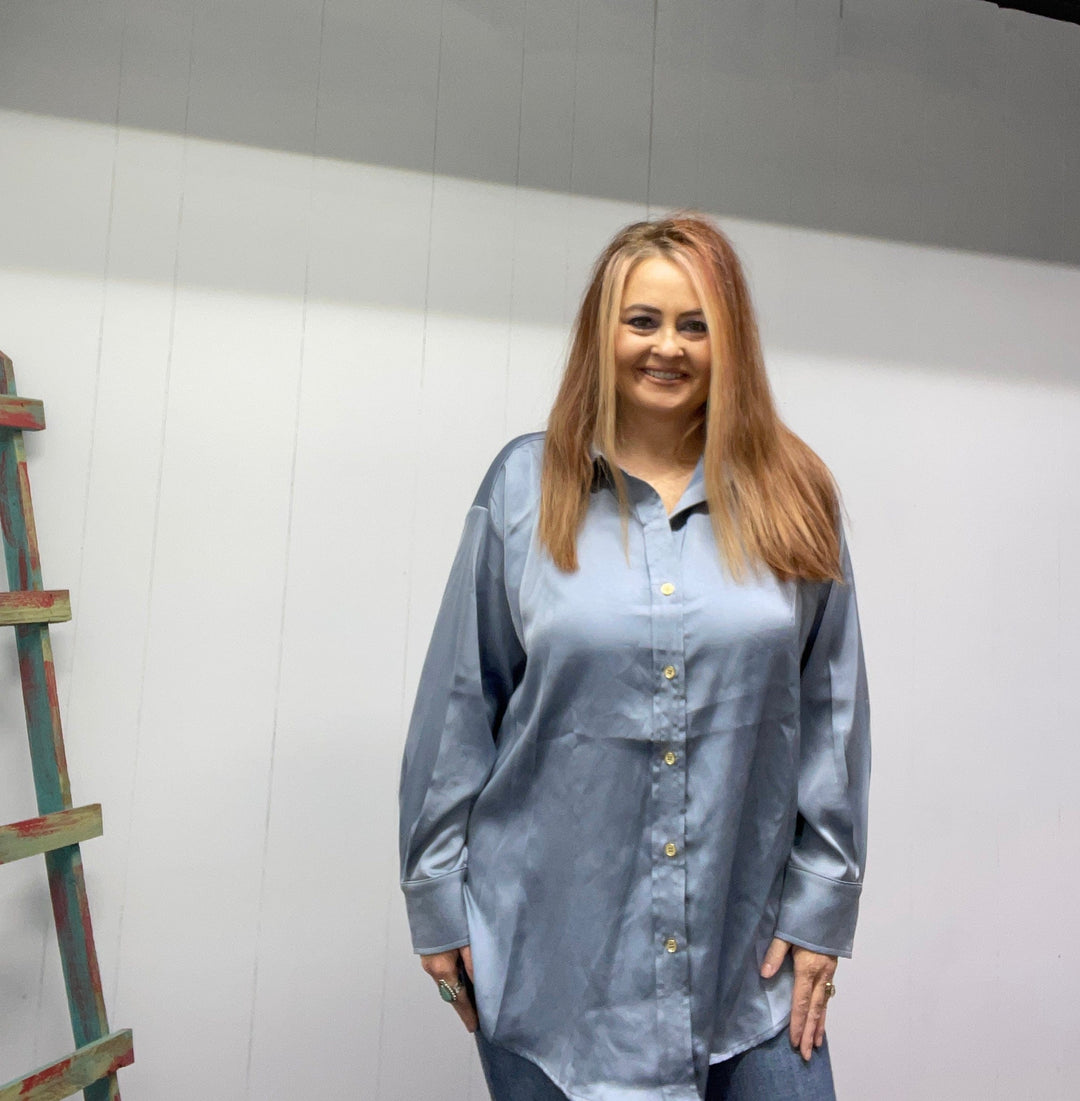 Satin Button up-Chambray-Long Sleeves-Whiskey Ray's Boutique-Whiskey Ray's Boutique, Women's Western Wear Boutique in Waxahachie, TX