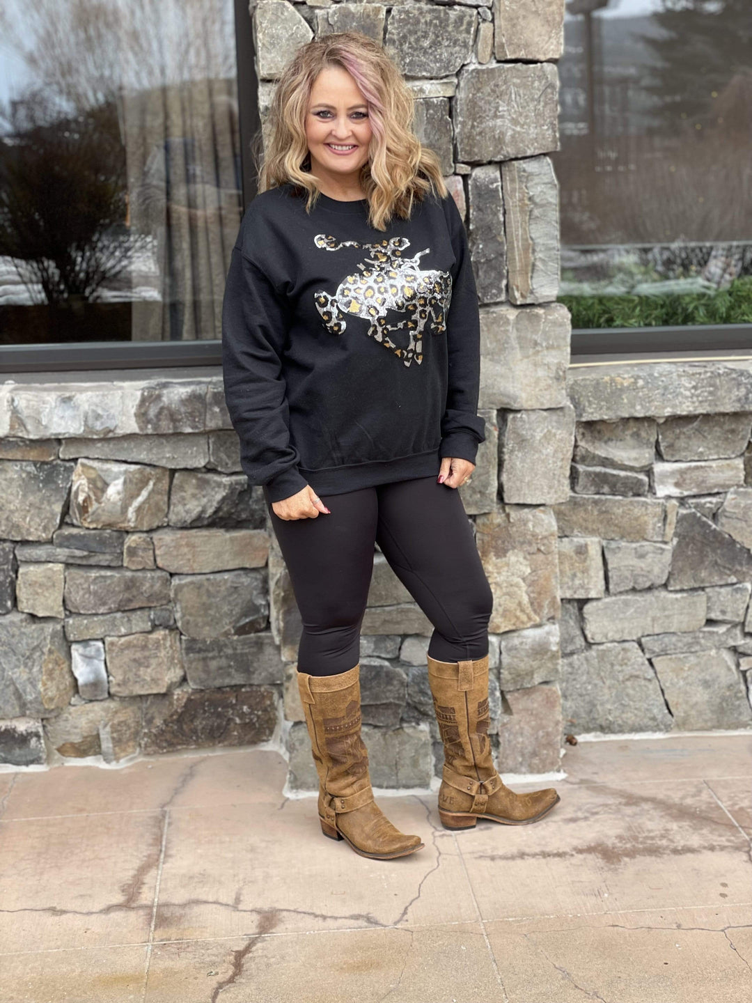 Leopard Sequin Bronc Sweatshirt-Graphic Tops-Whiskey Ray's Boutique-Whiskey Ray's Boutique, Women's Western Wear Boutique in Waxahachie, TX