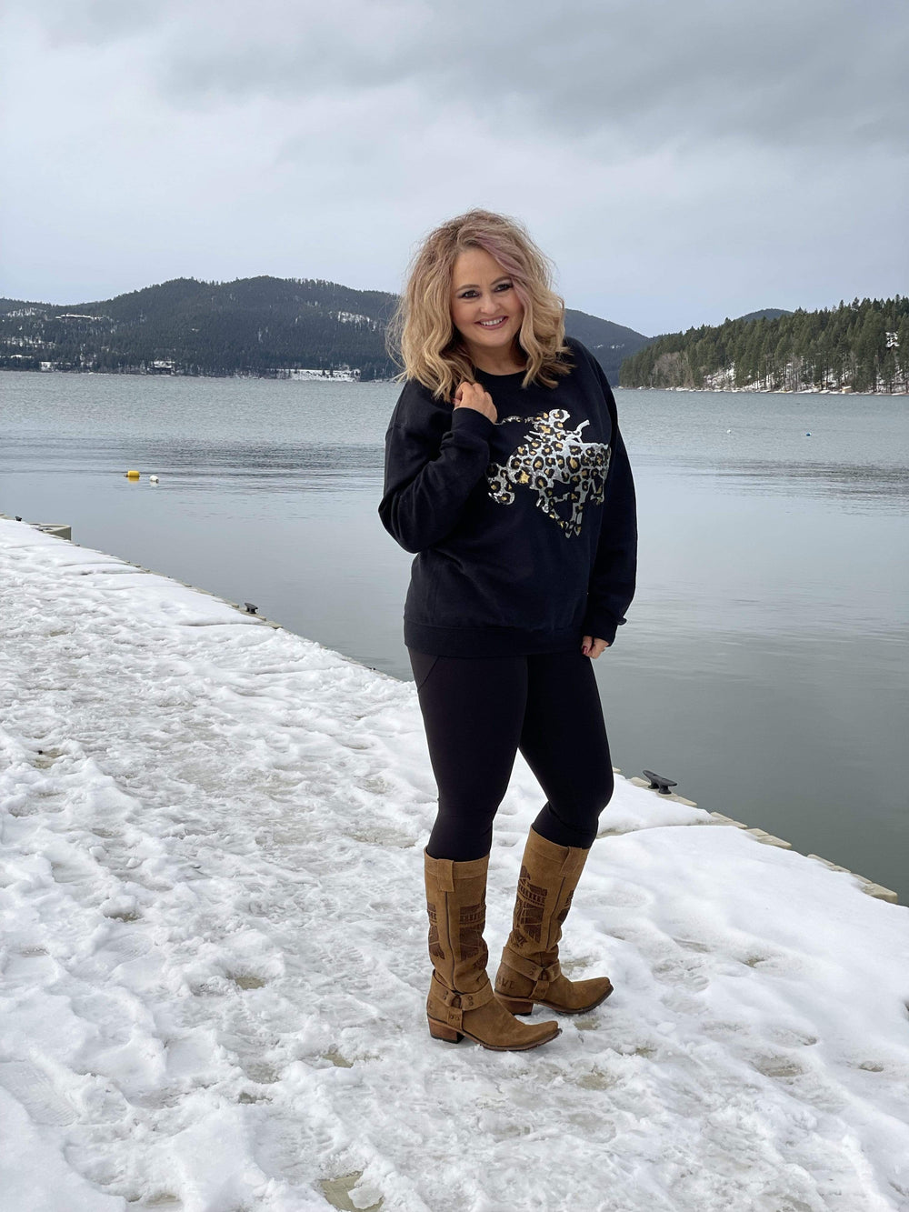 Leopard Sequin Bronc Sweatshirt-Graphic Tops-Whiskey Ray's Boutique-Whiskey Ray's Boutique, Women's Western Wear Boutique in Waxahachie, TX