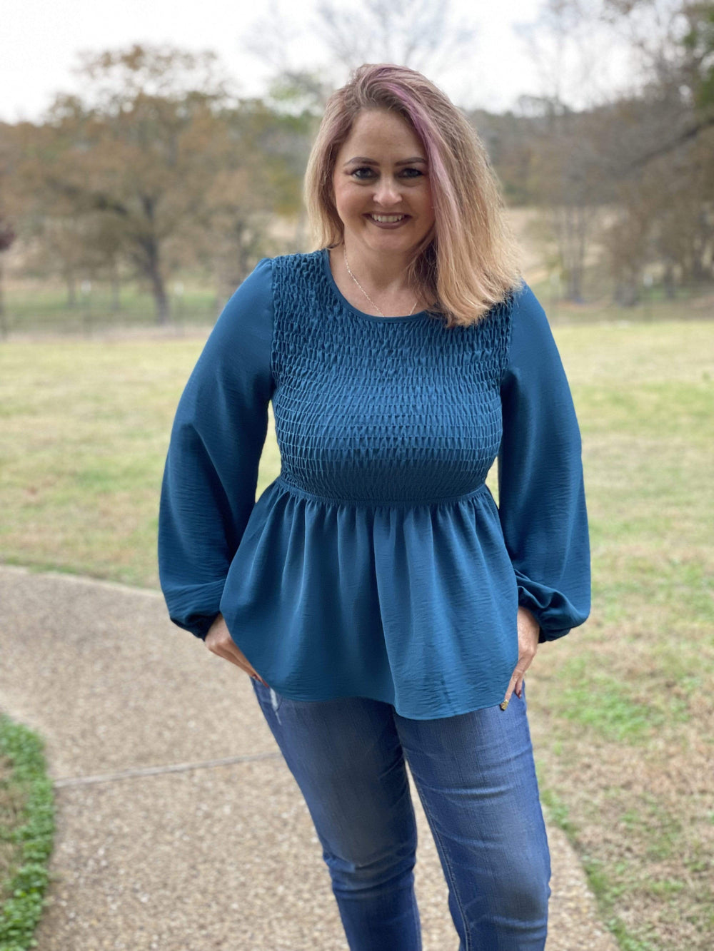 Bubble Sleeve Smocked Top-Long Sleeves-Whiskey Ray's Boutique-Whiskey Ray's Boutique, Women's Western Wear Boutique in Waxahachie, TX