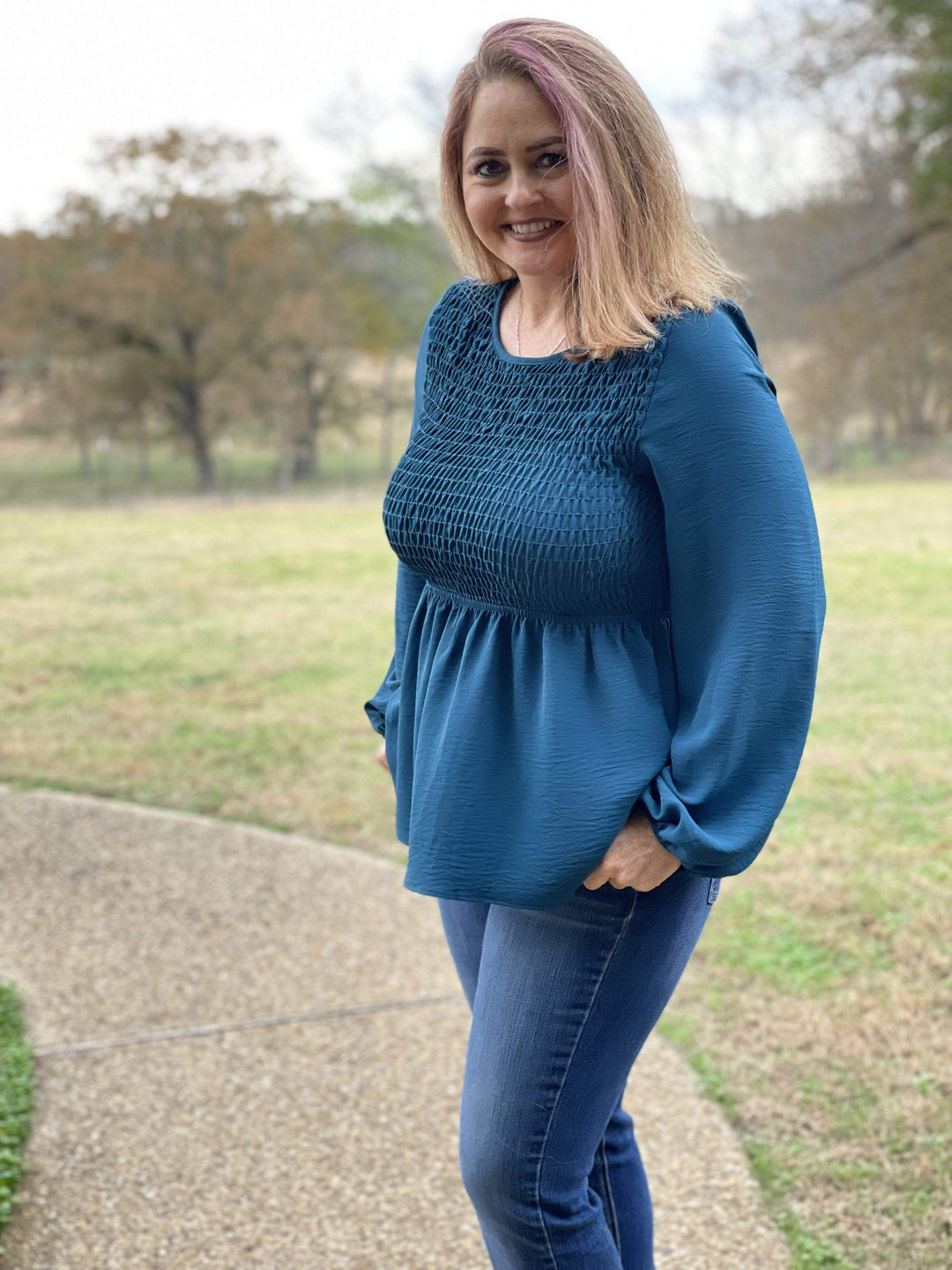 Bubble Sleeve Smocked Top-Long Sleeves-Whiskey Ray's Boutique-Whiskey Ray's Boutique, Women's Western Wear Boutique in Waxahachie, TX