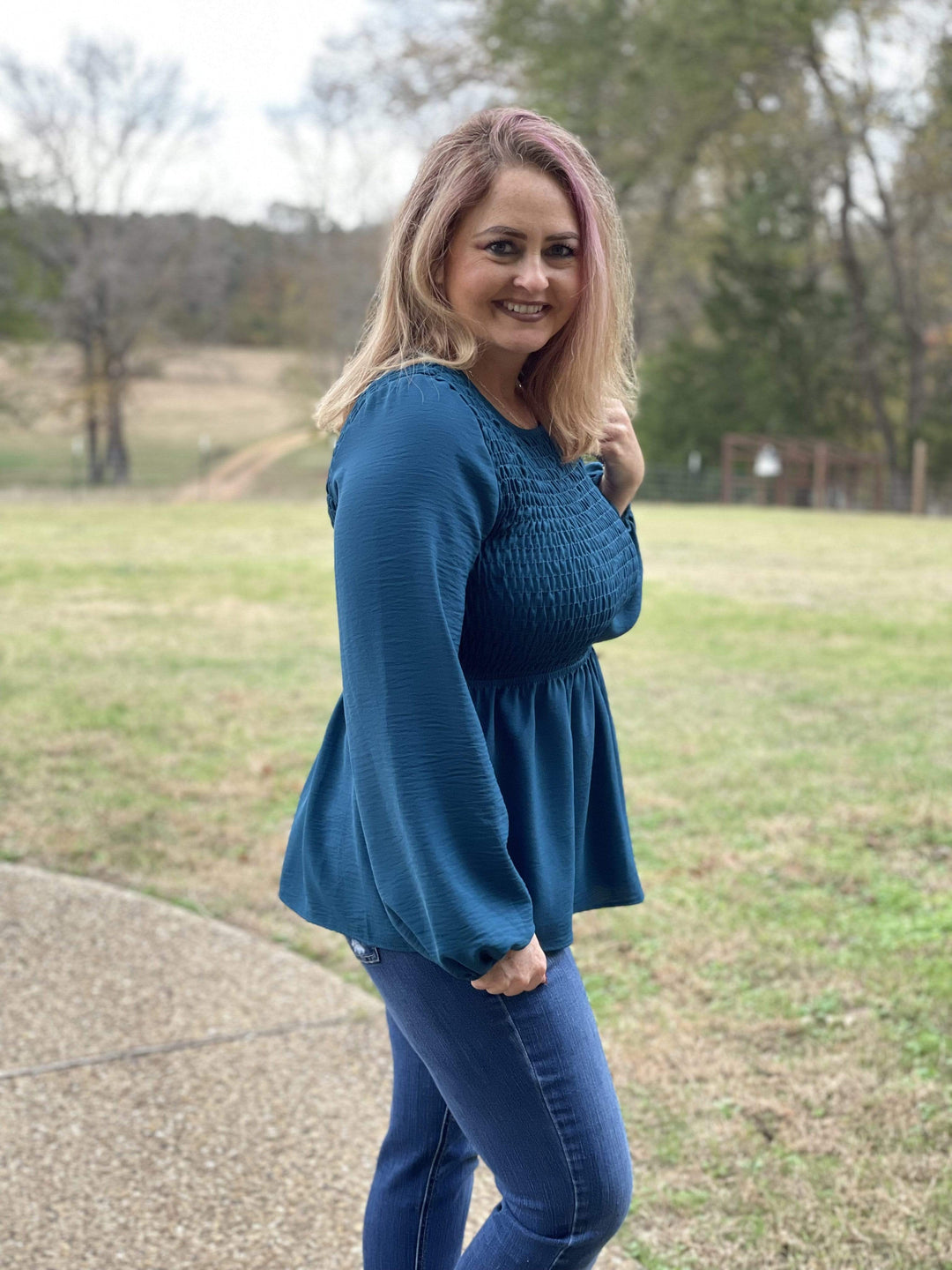 Bubble Sleeve Smocked Top-Long Sleeves-Whiskey Ray's Boutique-Whiskey Ray's Boutique, Women's Western Wear Boutique in Waxahachie, TX