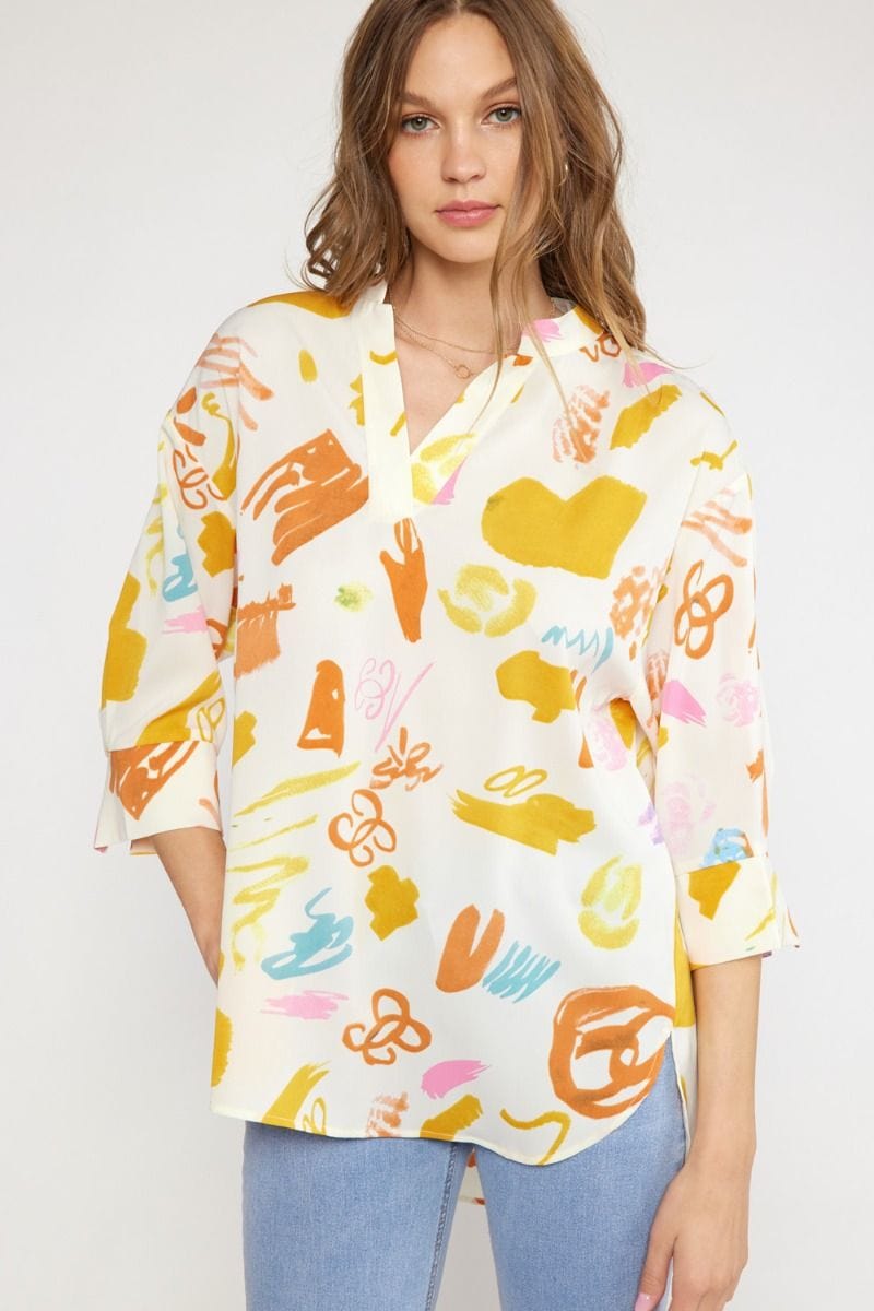 Tulip Mixed Print Top-Long Sleeves-Whiskey Ray's Boutique-Whiskey Ray's Boutique, Women's Western Wear Boutique in Waxahachie, TX