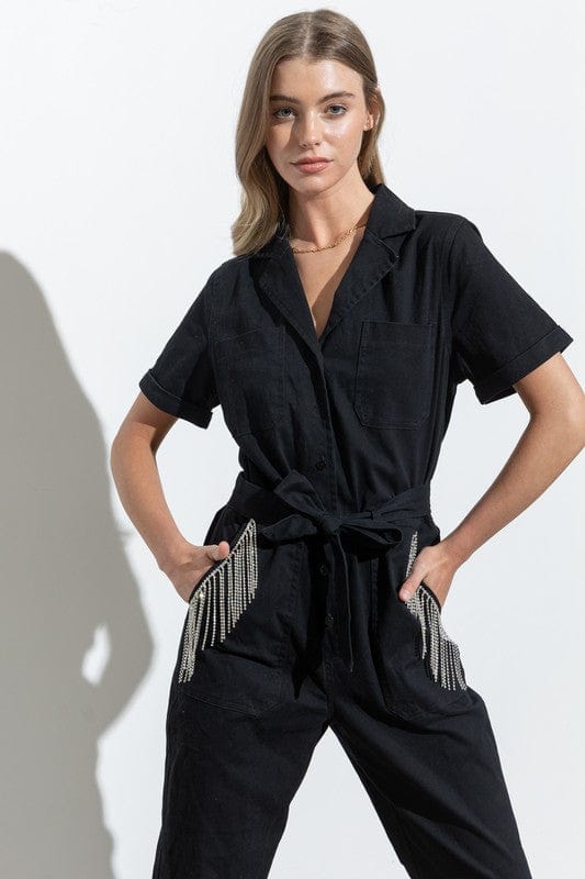 Twill Rhinestone Pocket Jumpsuit-Jumpsuits & Rompers-Whiskey Ray's Boutique-Whiskey Ray's Boutique, Women's Western Wear Boutique in Waxahachie, TX