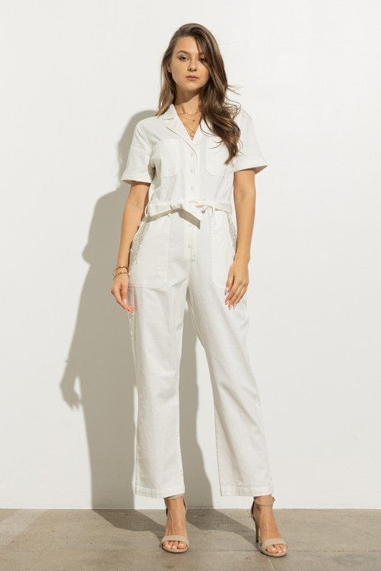 Twill Rhinestone Pocket Jumpsuit-Jumpsuits & Rompers-Whiskey Ray's Boutique-Whiskey Ray's Boutique, Women's Western Wear Boutique in Waxahachie, TX