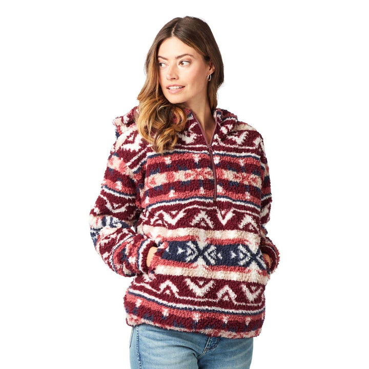 Wrangler® Retro® Americana 1/4 Sherpa Pullover with Hood - Burgundy/White-Sweaters-Whiskey Ray's Boutique-Whiskey Ray's Boutique, Women's Western Wear Boutique in Waxahachie, TX