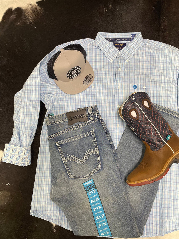 Wrangler -George Strait Blue Plaid Shirt-Men's Shirts-Wrangler-Whiskey Ray's Boutique, Women's Western Wear Boutique in Waxahachie, TX