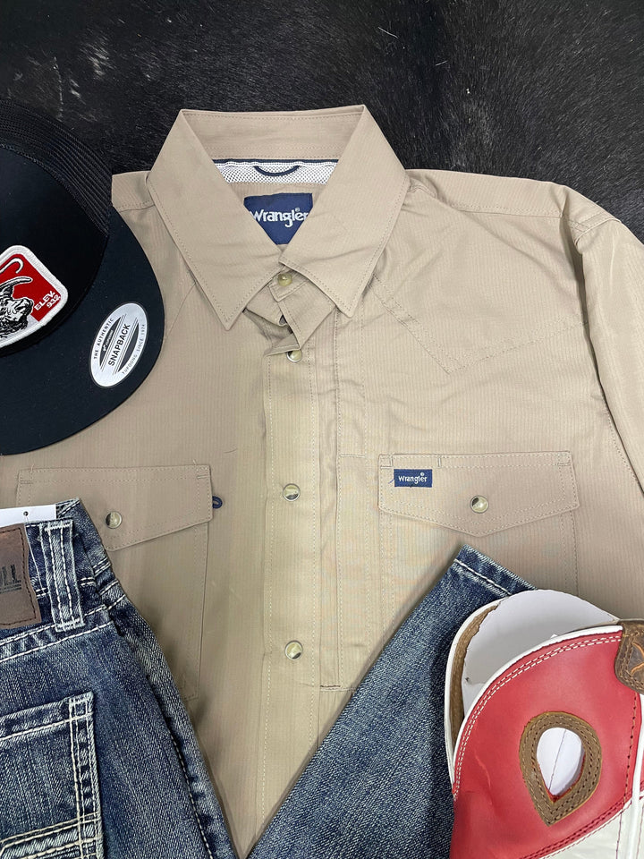Wrangler® Performance Long Sleeve Shirt - Tan-Men's Shirts-Wrangler-Whiskey Ray's Boutique, Women's Western Wear Boutique in Waxahachie, TX