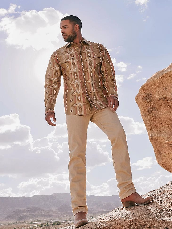 MEN'S CHECOTAH® LONG SLEEVE WESTERN SNAP PRINTED SHIRT IN Sandy Brown-Men's Shirts-Wrangler-Whiskey Ray's Boutique, Women's Western Wear Boutique in Waxahachie, TX
