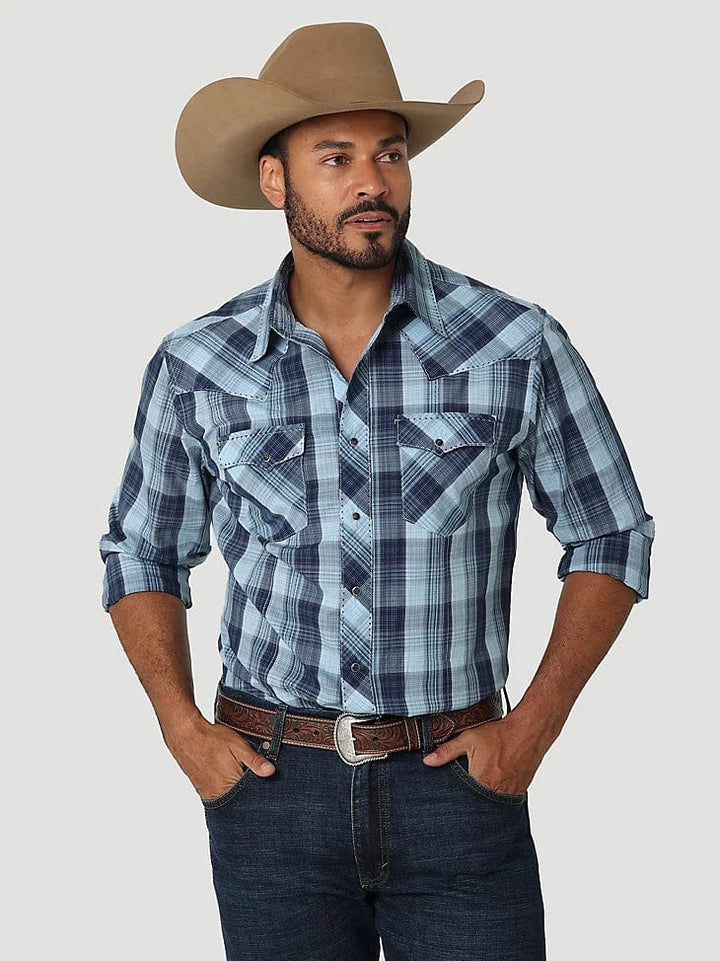 Men's Long Sleeve Western Snap Plaid Shirt-Men's Shirts-Wrangler-Whiskey Ray's Boutique, Women's Western Wear Boutique in Waxahachie, TX