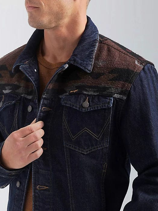 MEN'S WRANGLER CONTRAST SOUTHWESTERN YOKE UNLINED DENIM JACKET-Coats & Jackets-Wrangler-Whiskey Ray's Boutique, Women's Western Wear Boutique in Waxahachie, TX
