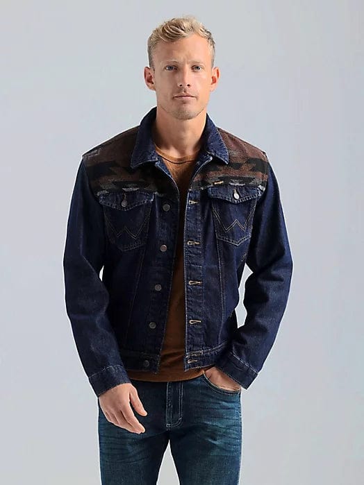 MEN'S WRANGLER CONTRAST SOUTHWESTERN YOKE UNLINED DENIM JACKET-Coats & Jackets-Wrangler-Whiskey Ray's Boutique, Women's Western Wear Boutique in Waxahachie, TX