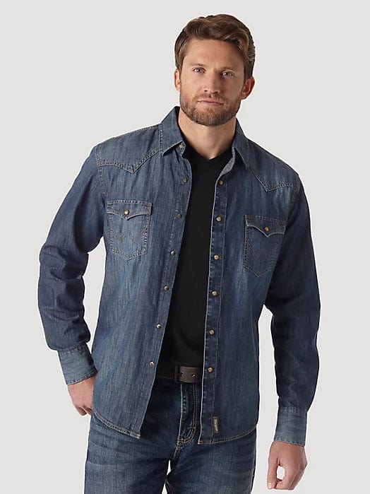 MEN’S WRANGLER RETRO® LONG SLEEVE BLUE DENIM WESTERN SHIRT IN BLUE DENIM-Men's Shirts-Wrangler-Whiskey Ray's Boutique, Women's Western Wear Boutique in Waxahachie, TX